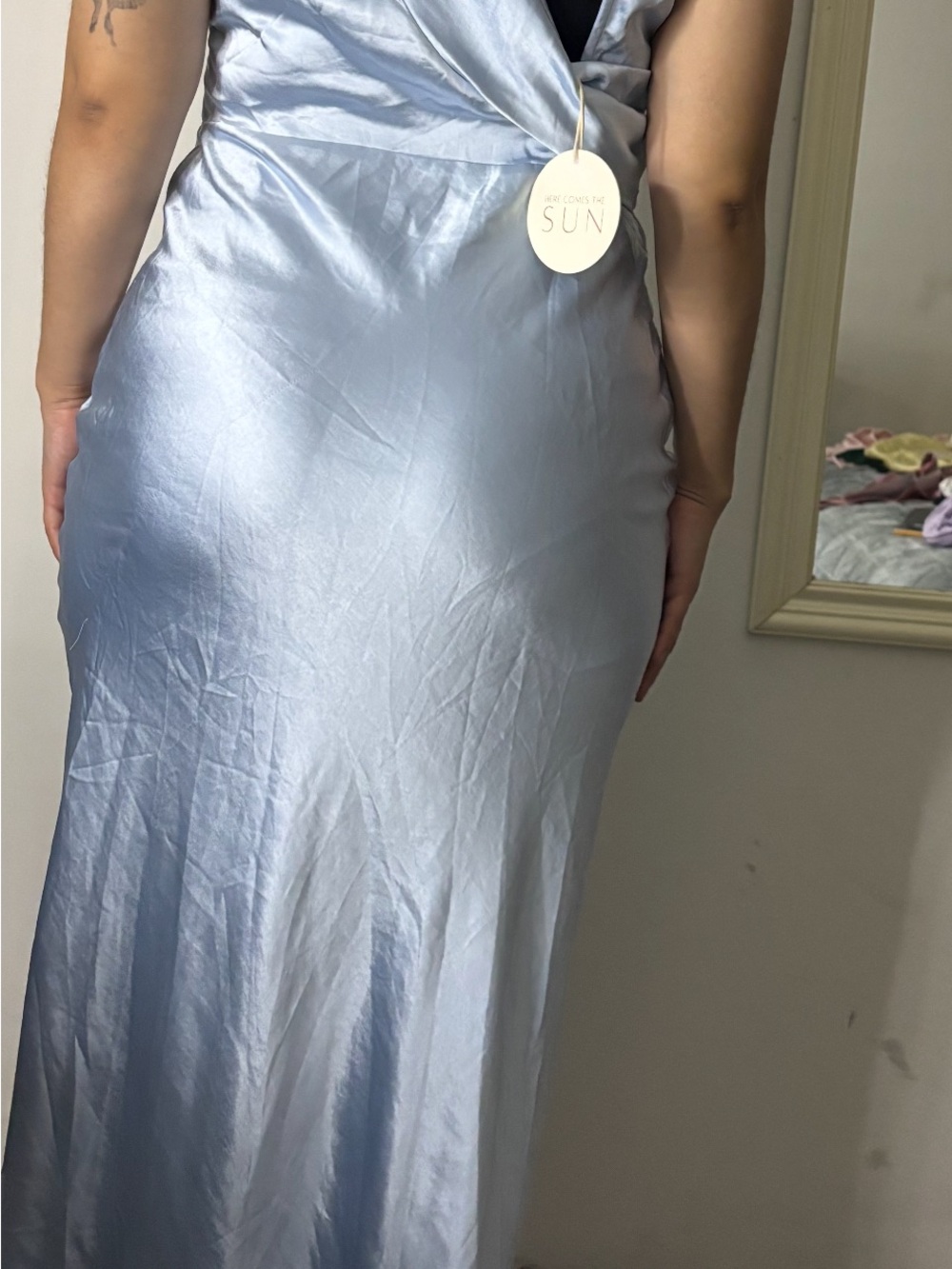 Selfie Leslie Silver Satin Maxi Dress with Thigh Slit - Picture 2 of 2